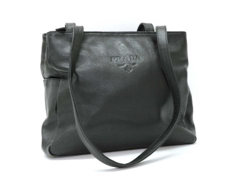 A Prada black leather bag,dual flat handles, three sectioned interior with zip and slip pockets, with dust bag, 28cm wide, 10