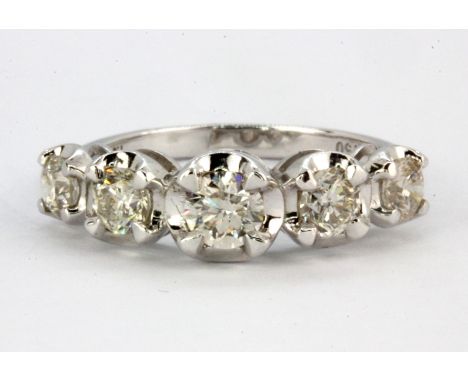 An 18ct white gold (stamped 750) ring set with five brilliant cut graduated diamonds, approx. 1.14ct, (M.5).