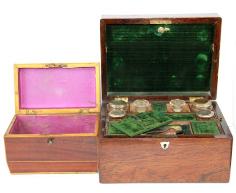 A hardwood and mother of pearl veneered travel toiletry box together with a mahogany veneered tea caddy, 28 x 20 x 18cm.