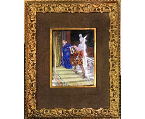 A French 19th century gilt framed hand painted enamel panel, framed size 26 x 32cm.