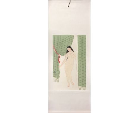 A Chinese silk mounted scroll painting of a nude woman, size 225 x 96cm.