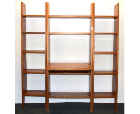A set of three contemporary ladder rack style bookcases with drop down desk, H. 170cm, W. 70cm &amp; 40cm.