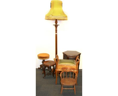 A standard lamp, side table, children's chair and three further furniture items.