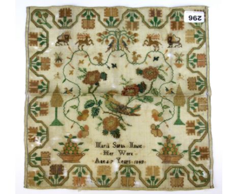 An unframed 19th century embroidered sampler c.1847, size 33x 33cm.