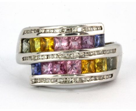 A 925 silver ring set with princess cut fancy colour sapphires and diamonds, (K.5).