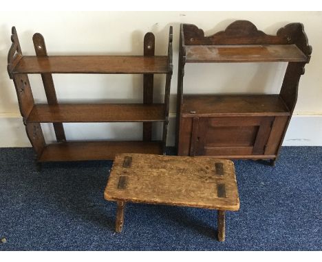 An Edwardian mahogany wall bracket together with a joint stool etc. Est. £20 - £30.