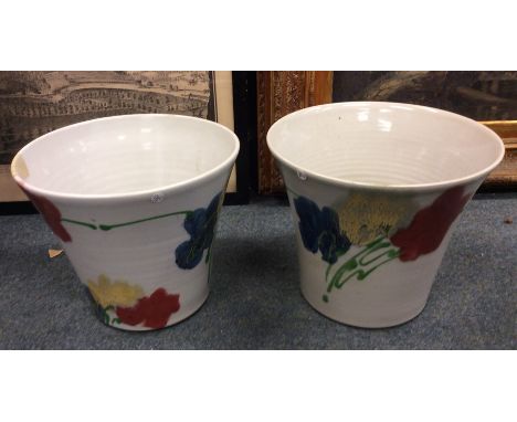 JANICE TCHALENKO (British: 1942 - 2018): A pair of large pottery planters of red poppy design. Approx. 23 cms tall each. Dart