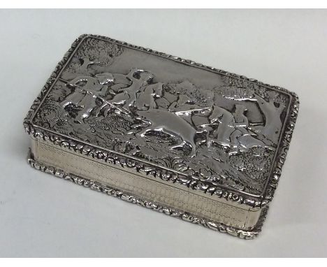 An impressive engine turned cast silver snuff box with hinged lid depicting hunting scene. Birmingham. By Nathaniel Mills. Ap