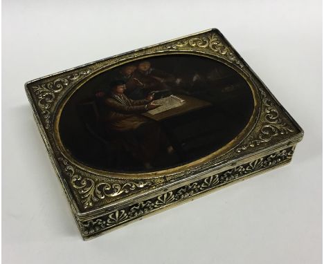 A rare heavy large rectangular silver gilt snuff box, the lid exquisitely decorated with an oval oil miniature of gentlemen i