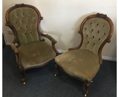 A pair of Victorian nursing chairs with button backs to scroll feet. Est. £80 - £120.