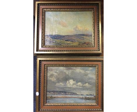 A pair of small gilt framed oil landscapes on board; one depicting a moorland scene, the other a seascape. Monogrammed 'FP' t