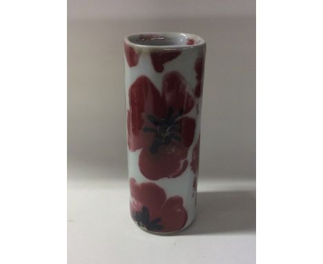 JANICE TCHALENKO (British: 1942 - 2018): A glazed pottery spill vase of red poppy design. Dartington pottery artist. Marked t