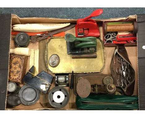 A box containing scales, stamps, scissors etc. Est. £30 - £50.