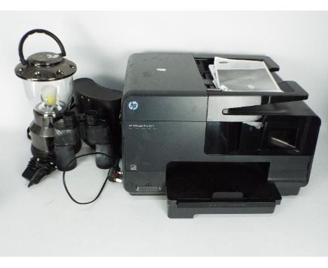 Lot to include a cased set of binoculars, a HP Officejet Pro 8615 and a lamp. [3]