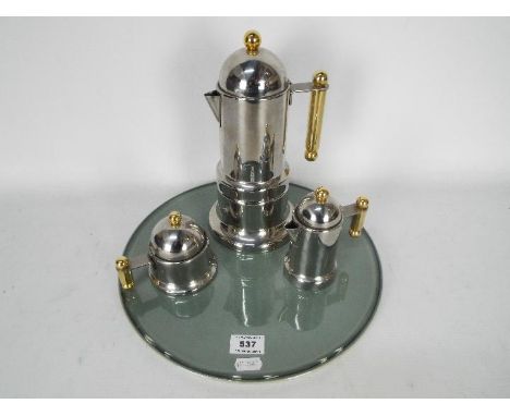 A vintage Vev Vigano Inox 18/10 Italian Stainless Steel &amp; Brass Stovetop Kontessa Oro espresso coffee three piece set wit