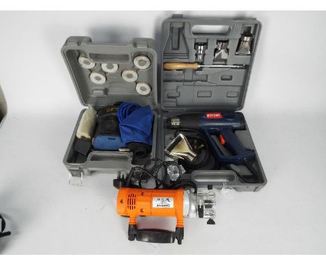 A Power Craft 3 disc electric sander contained in carry case, a Ryobi heat gun contained in carry case and an unboxed Silverl