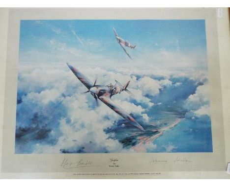 A first edition print after Robert Taylor entitled Spitfire signed by Group Captain Sir Douglas Bader CBE, DSO, DFC and Air V