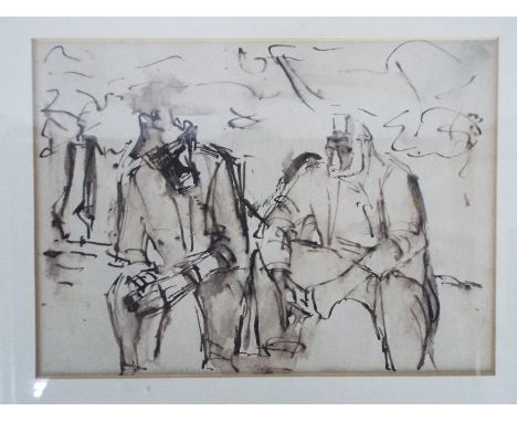 Attributed to Josef Herman - Ink and wash drawing of two seated male figures, Tib Lane Gallery, Manchester label verso "Two M