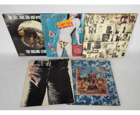 The Rolling Stones - Five 12" vinyl records comprising Sticky Fingers COC59100 (with card insert), Their Satanic Majesties Re