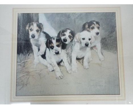 A limited edition print depicting five puppies, numbered 206/750 and signed in pencil by the artist, mounted and framed under