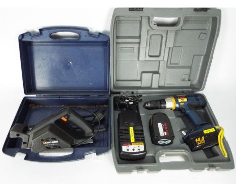 A Ryobi cordless drill, model CPD1441, contained in carry case and a Black &amp; Decker planer, model BD713, contained in car
