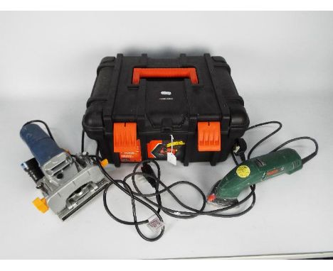A Bosch PDA100 delta sander and a Power Craft biscuit jointer contained in Black &amp; Decker carry case.