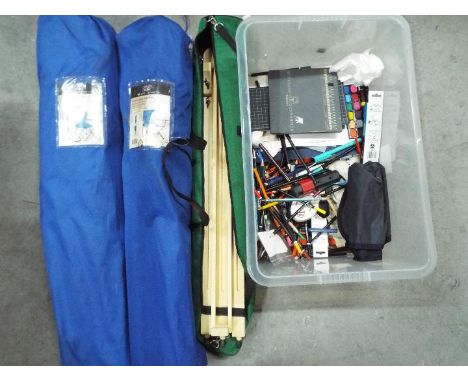 Lot comprising artist's equipment including a wooden folding easel and two steel folding armchairs. [3]
