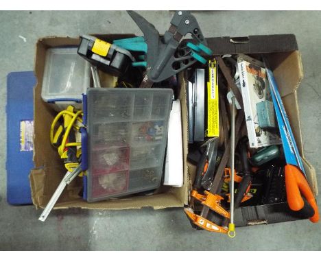Mixed tools to include clamps, saw, auger drill bit set, organiser cases and similar, two boxes. [2]