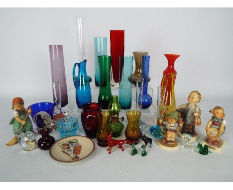 Lot to include coloured glass vases, glass animals four Hummel figurines and a Hummel plate.