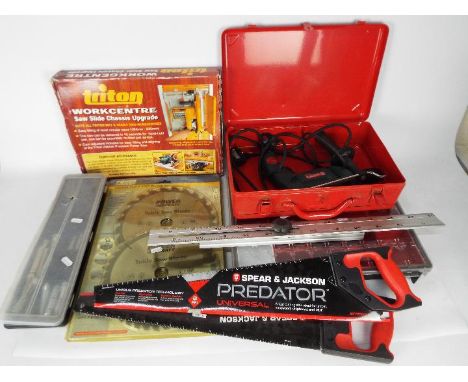 Mixed tools and accessories to include power drill, saws, accessories organiser, table saw blades and other.