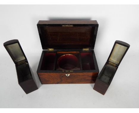 A tea caddy of rectangular form containing two hinge lid tea boxes flanking a mixing bowl recess, approximately 14.5 cm x 27 