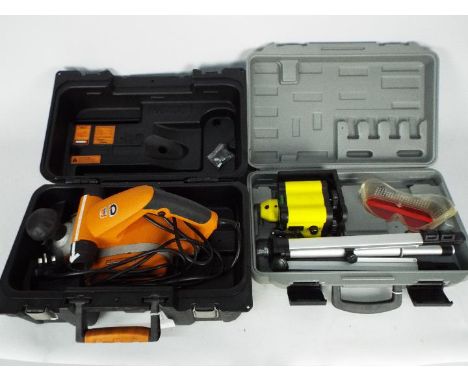 A Worx electric planer model WX900PL, contained in carry case and a laser level contained in carry case. [2]
