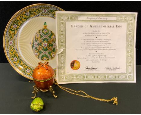 Garden of Jewels Imperial Egg, House of Faberge, the interior with bud trinket box, rabbit necklace, 22ct gold plated, certif