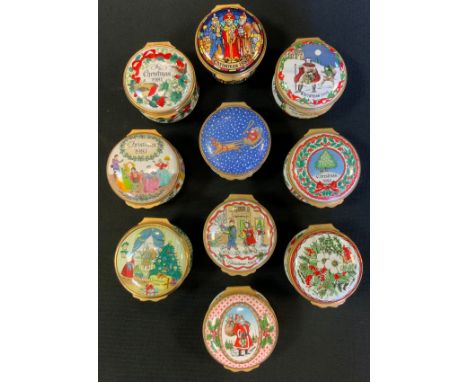 Halcyon Days Enamel Pill Boxes, Christmas 1980, 81, 83, 84, 85, 86, 87, 88, 89, 90 (10) 