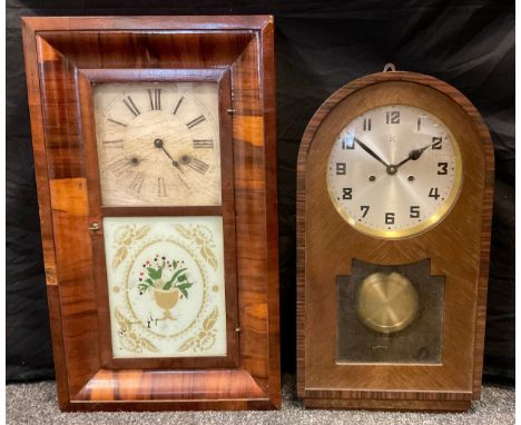An early to mid century American wall clock, by C. Jerome of New Haven, square, painted face, roman numerals, single weight; 
