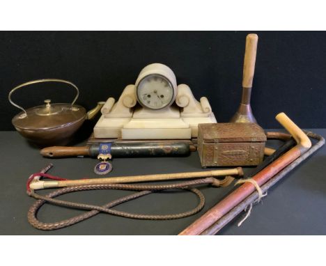 A Victorian Alabaster mantel clock, 41cm wide x 23cm tall; Royal Antediluvian Order of Buffaloes medal, dated 1919;  early 20
