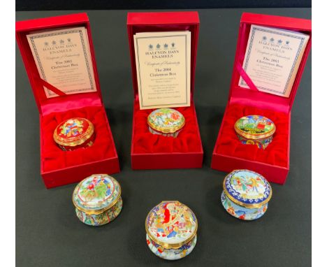 A Halcyon Days Christmas 2002 enamel pill box;  others 2003,2004,2005, 2006, 2007, all boxed (6) 