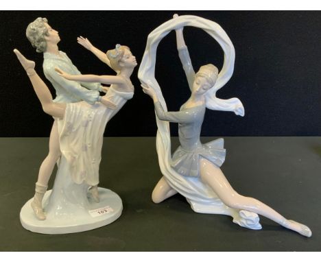 A Nao figure, of a ballerina with ribbon, 34cm high, printed mark;   another, of a pair of dancers, 33cm high, printed mark (