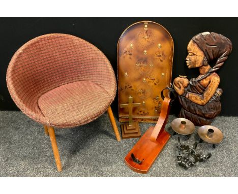 A Jamonprive Ham Stand/cured meat holder;  brass altar cross;  bagatelle;  pair of copper and brass candlesticks;  chair  etc