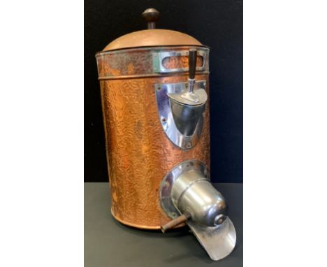 A large counter top copper coffee bean hopper, stainless steel fittings, 57cm high, 31cm diameter 