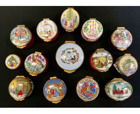 Halcyon Days, Toy Kenning &amp; Spencer , Crummles Enamel Pill Boxes, Christmas, Harrods, Dickens Christmas Carol etc, 1978, 