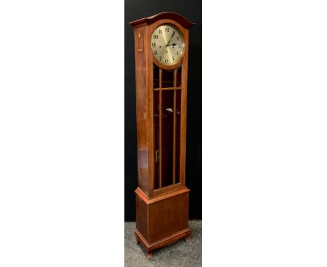 A mid 20th century, Art Deco style mahogany longcase clock, silvered dial, Arabic numerals, three winding holes, glazed door,