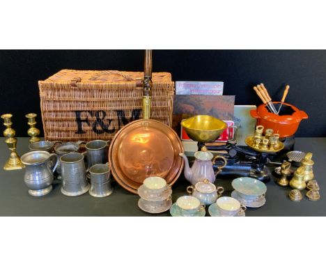 A set of kitchen scales and weights;  a pair of brass candlesticks;  pewter mugs;  German lustre coffee set;  Fortnum and Mas