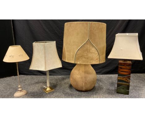 Interior design - a large contemporary suede and ceramic table lamp, 79cm tall;  another table lamp, the base constructed fro