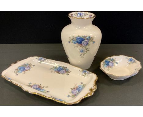 A Royal Albert Moonlight Roses vase;    a similar trinket dish;  rectangular plate, printed marks (3) 