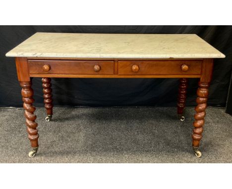 A 19th century mahogany marble-top side table, over-sailing marble-top, pair of side-by-side short drawers to frieze, barley-