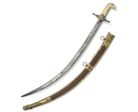 AN IVORY-HILTED WATERED-STEEL SWORD (SHAMSHIR) WITH ENAMELLED CROSS GUARD AND SCABBARD, PERSIA AND INDIA, PROBABLY LUCKNOW, C