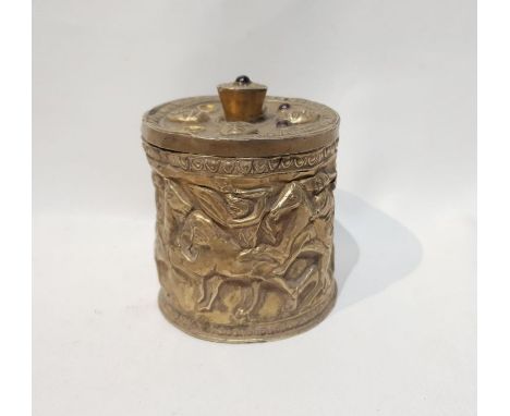 3rd Century Silver Roman Engraved Box With Semi Precious Stones. The box has scenes of war with horses, with semi precious st
