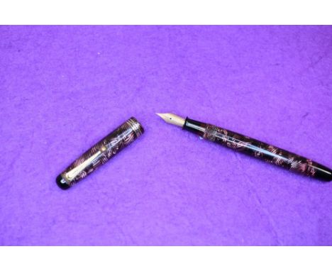A Parker Televisor Slender button fill fountain pen in pink straided marble with three narrow bands to the cap, having a Park