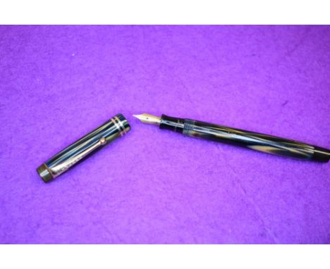 A Parker Streamlined Duofold Jnr button fill with striped decal and two narrow bands to the cap, having a Parker No2 nib. App
